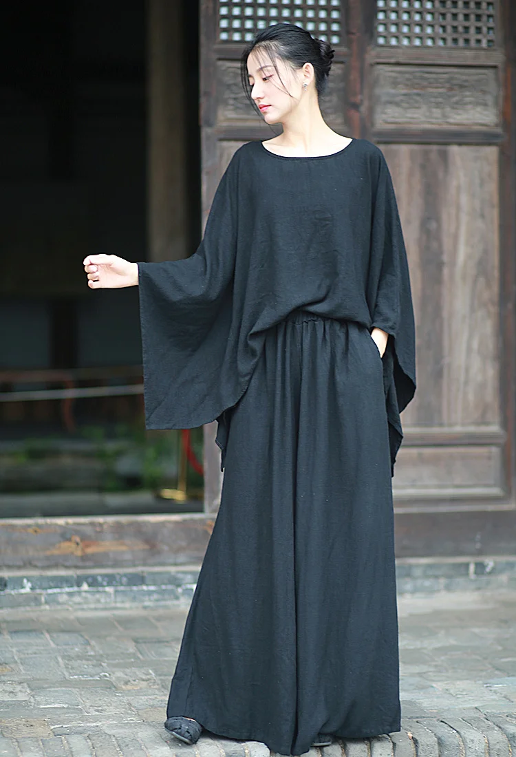 Literary Linen Irregular T-Shirt and Wide Leg Pants Set