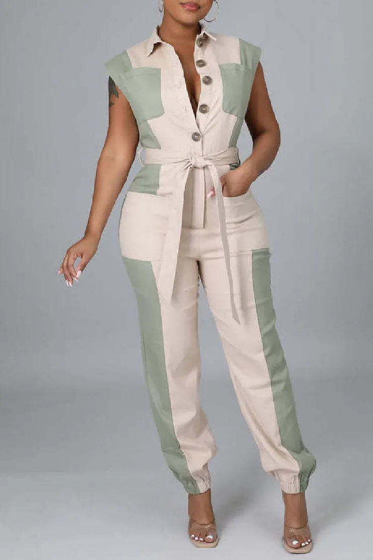 Casual Patchwork Buttons Contrast Turndown Collar Regular Jumpsuits