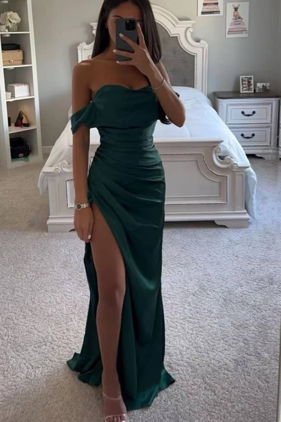 Daisda Dark Green Long Mermaid Slit Off-the-Shoulder Prom Dress
