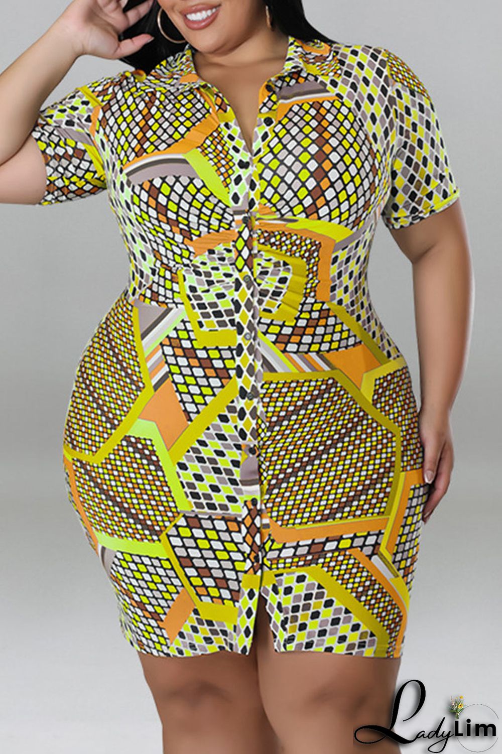 Blue Casual Print Patchwork Buckle Turndown Collar Shirt Dress Plus Size Dresses