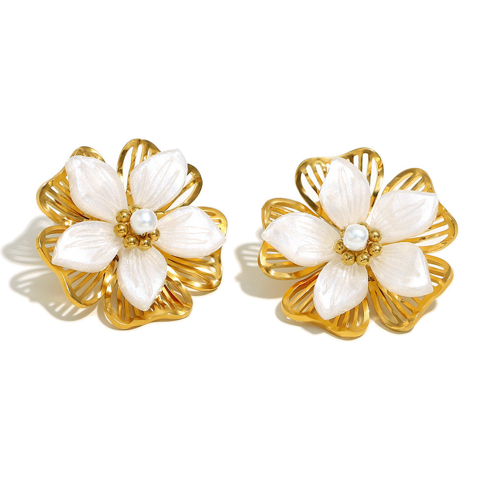 Retro And Fashionable Earrings Stainless Steel 18K Gold Plated Shell Flower Double-Layer Earrings