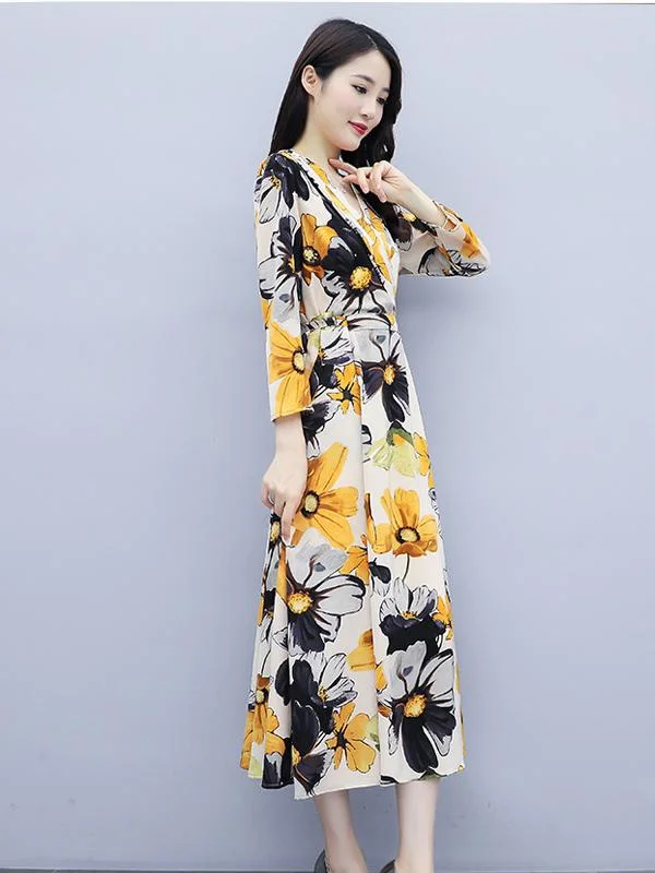Elegant Long Sleeve Printed V-Neck Chiffon Dress