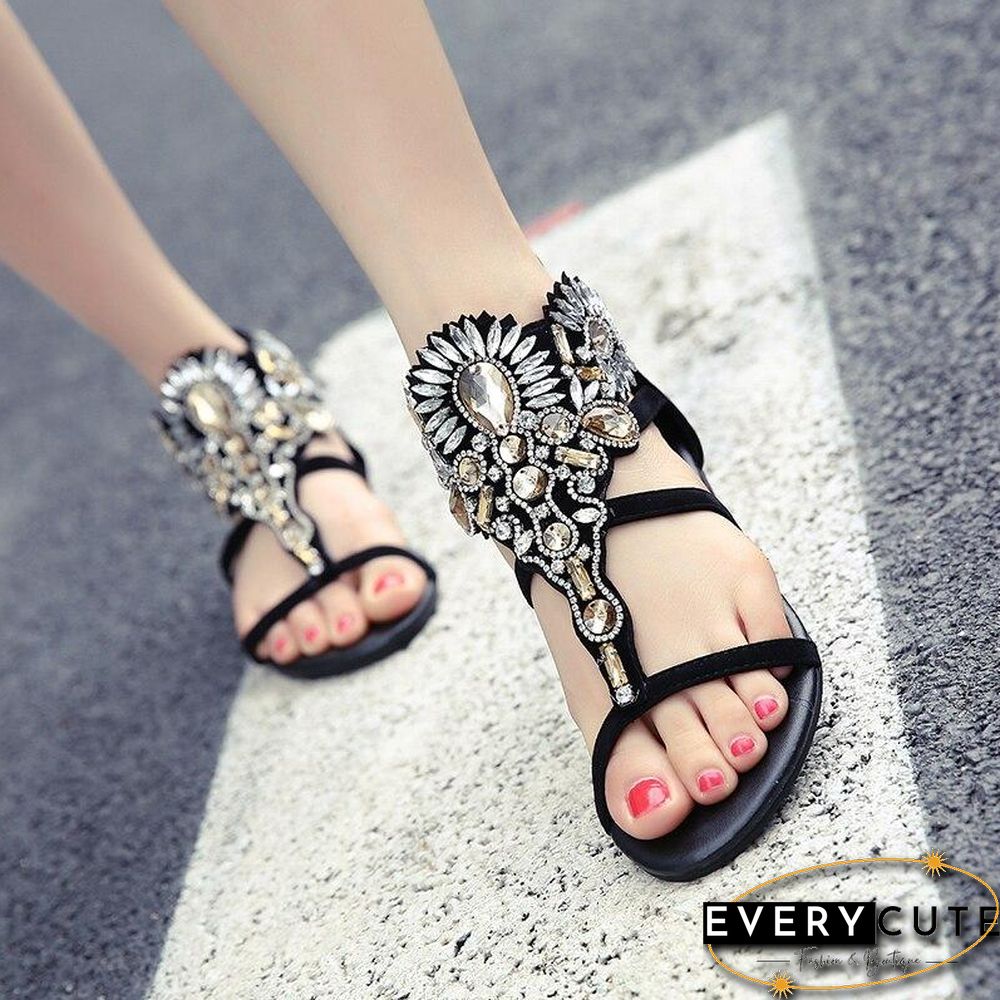 Rhinestone Luxury Diamond Roma Sandal Buckle Strap Flat Sandals