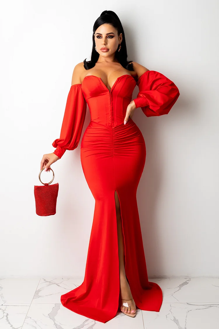 Off Shoulder Loose Longsleeves Slit Formal Prom Maxi Dresses Evening Gowns