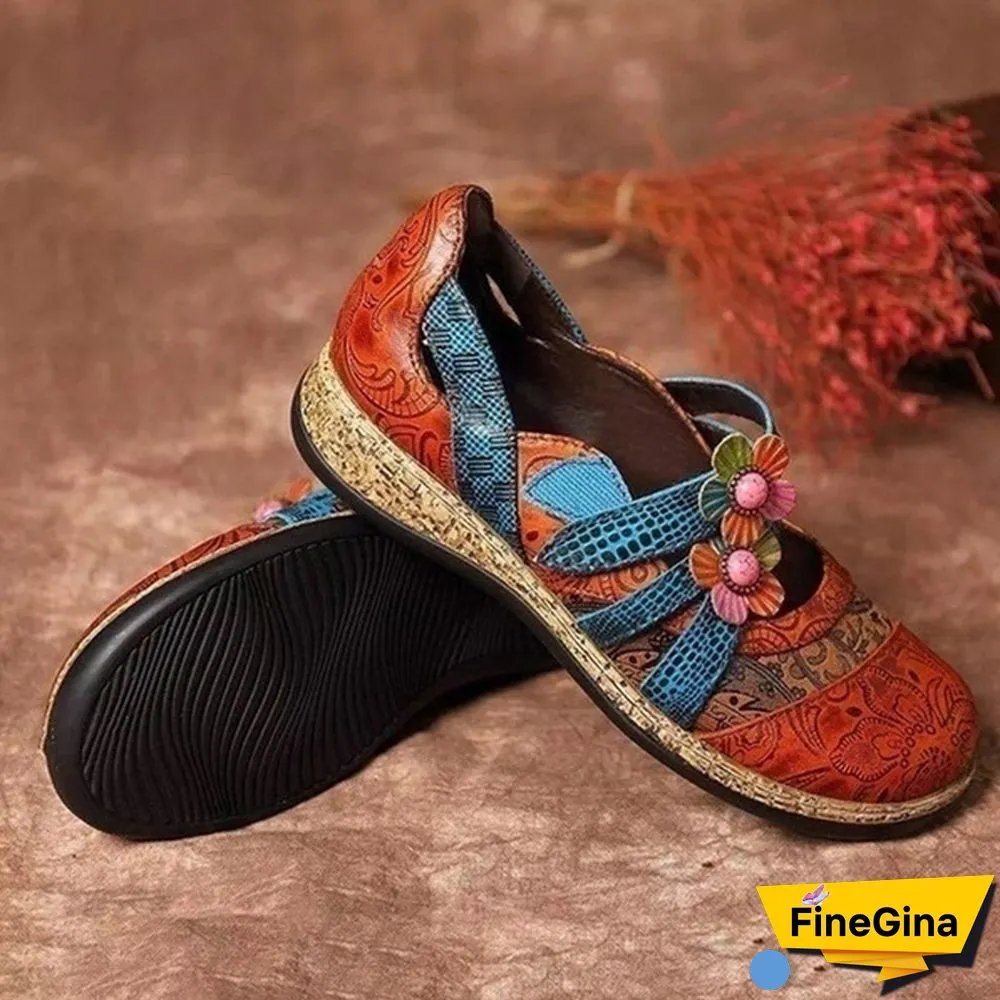 Vintage Floral Genuine Leather Splicing Colored Stitching Hook Loop Flat Shoes Spring Summer Casual Women Flat Shoes（2styles）