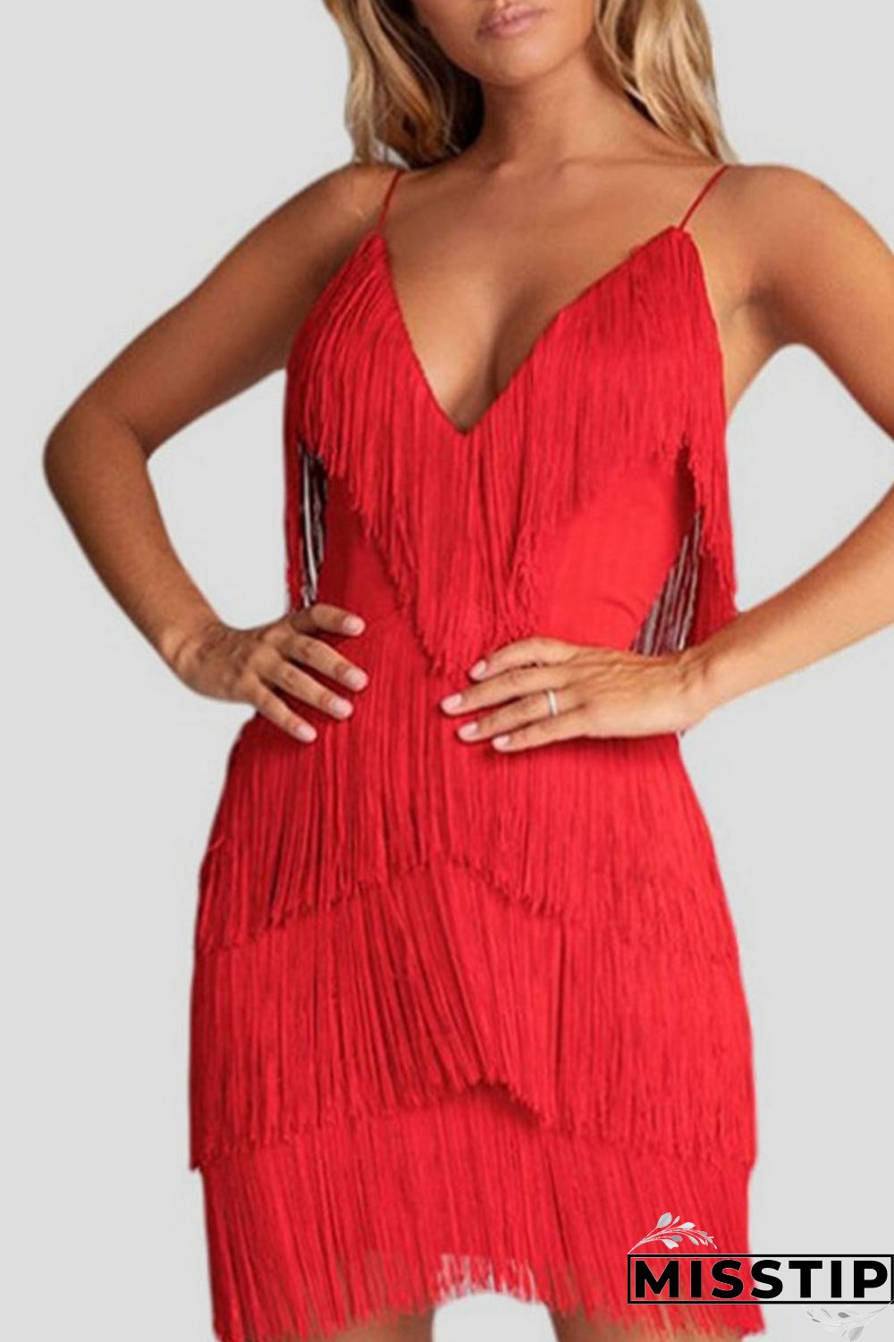 Burgundy Sexy Solid Tassel Patchwork Spaghetti Strap Dresses