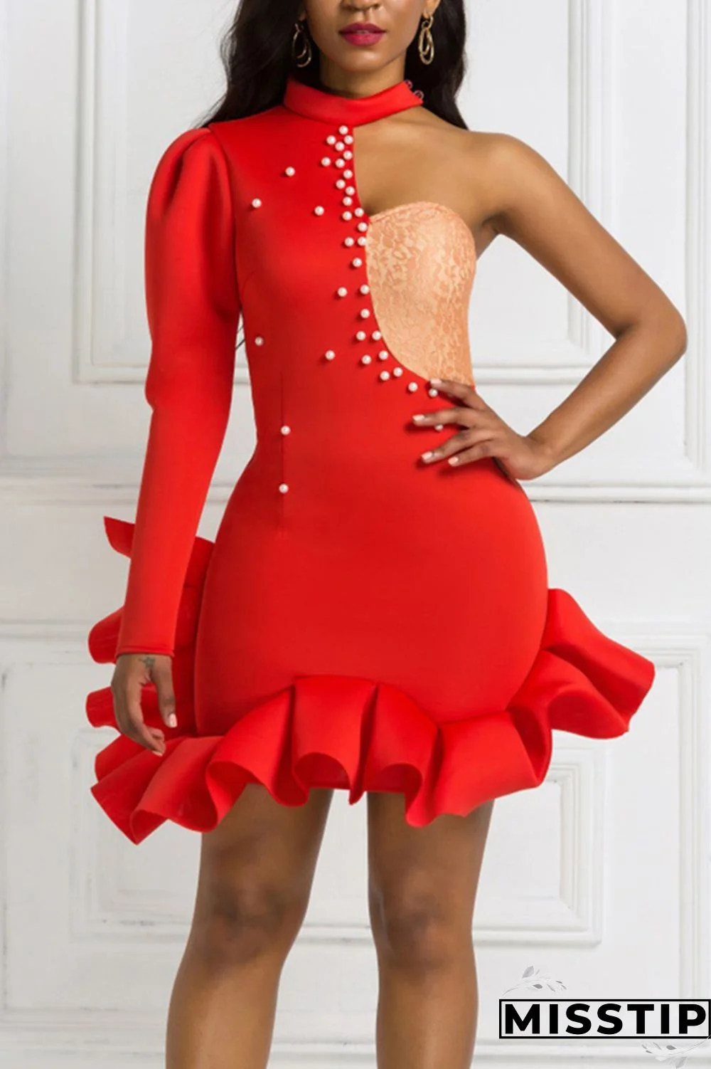 Red Sexy Fashion Stitching One-shoulder Dress