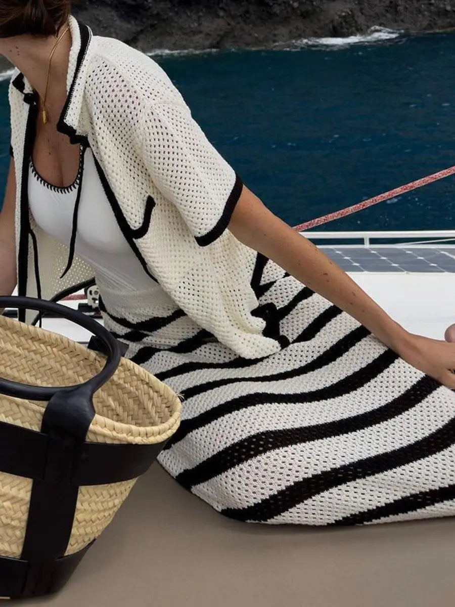 Short Sleeve Bohemian High Waist Striped Skirts Sets