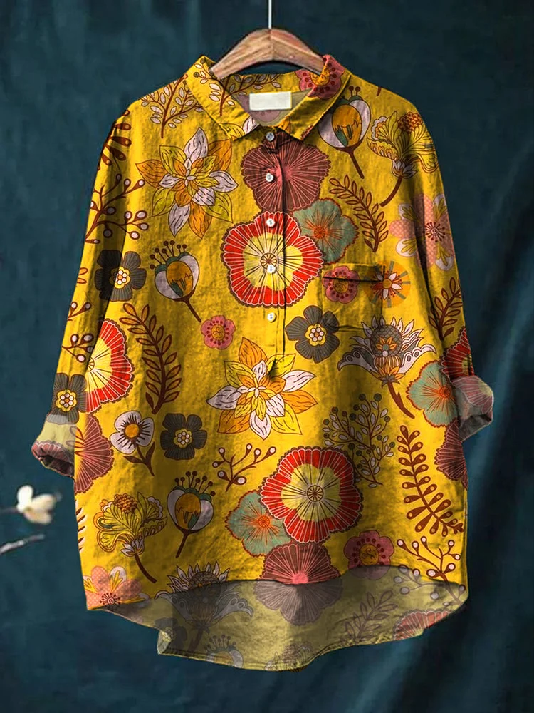 Women's Vintage Floral Art Print Casual Cotton Linen Round Neck Button Pocket Midi Sleeve Shirt Top