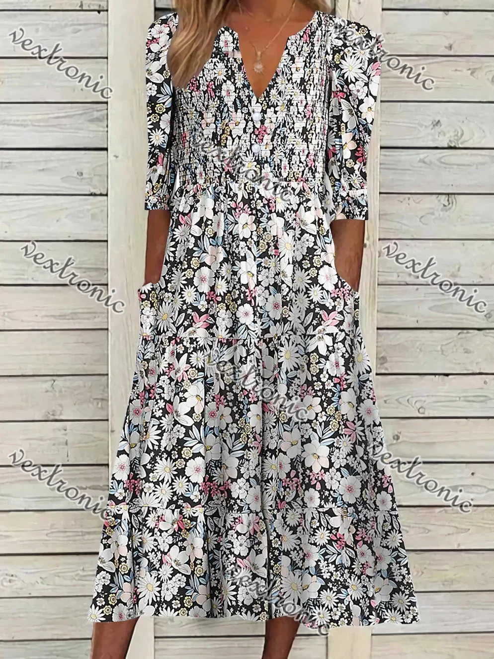 Women's Short Sleeve V-neck Floral Printed Midi Dress With Pockets