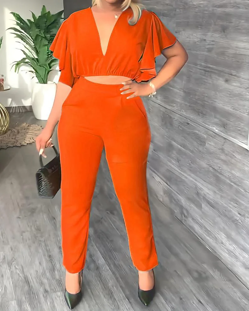 Solid Color Two Piece Suit with Deep V Ruffle Sleeves