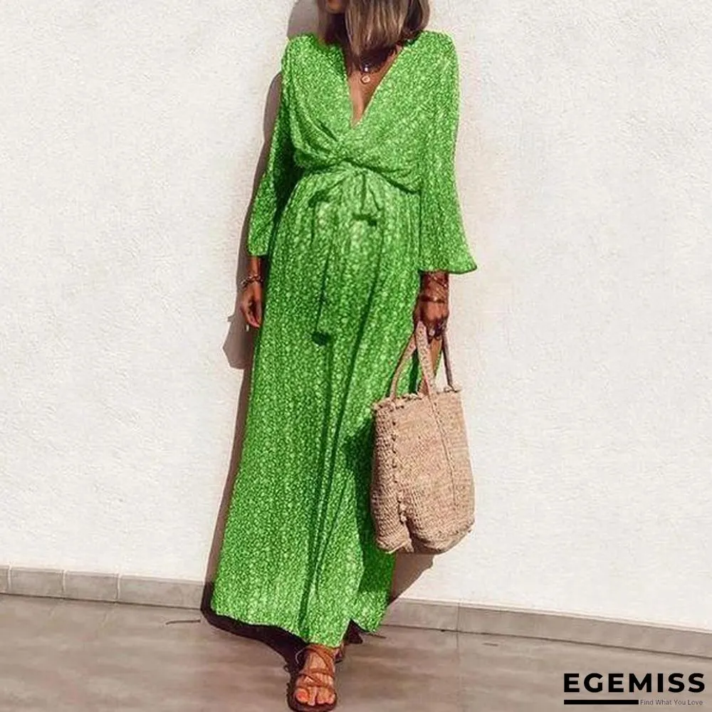 Classy Green Print V-Neck Long Sleeve Maxi Dress | EGEMISS