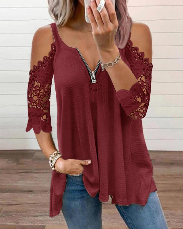 Solid Color Zipper Lace Sleeve Loose T-Shirt
