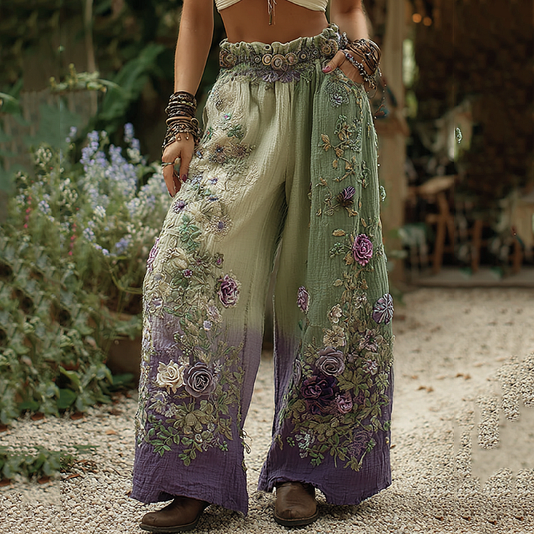 VChics Classy Purple Lavender And Floral Embroidered Art Linen Pants