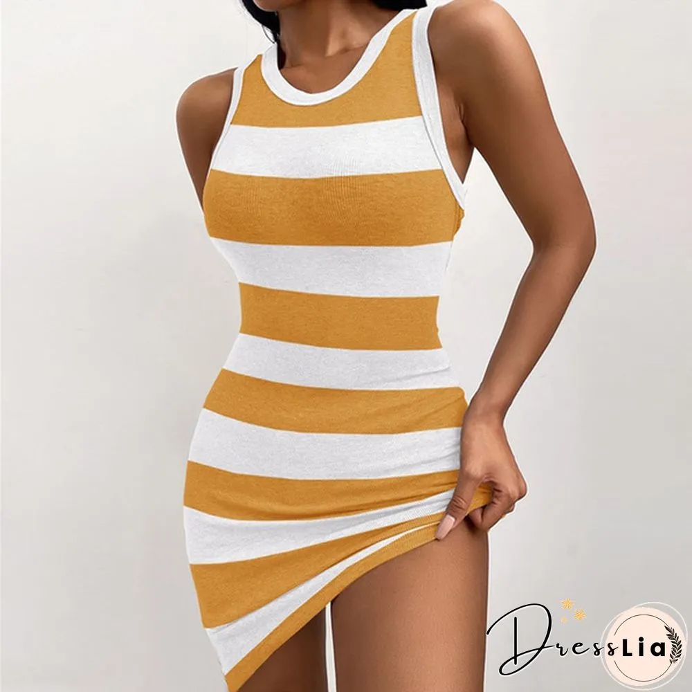 Summer Fashion Women Retro Striped O-neck Short Sleeve Slim Fit Temperament Dress