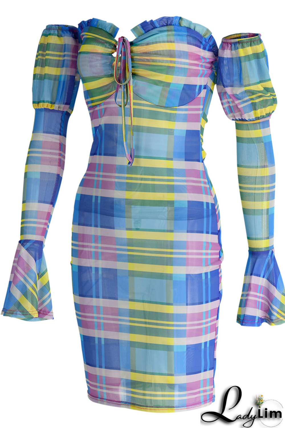 Blue Sexy Plaid Split Joint Off the Shoulder Pencil Skirt Dresses