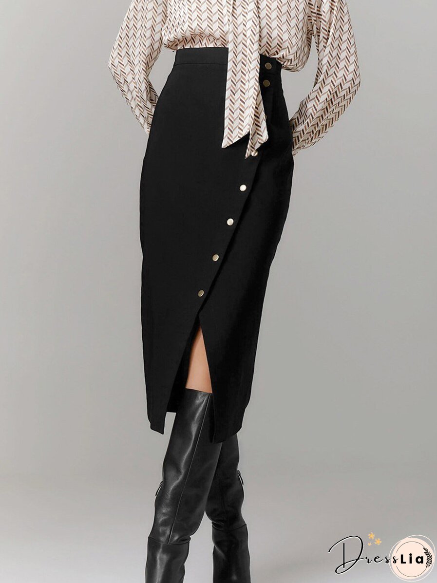 Elegant Womens High Waist A-Line Skirts Office Ladies Black Midi Chic New Fall Dress