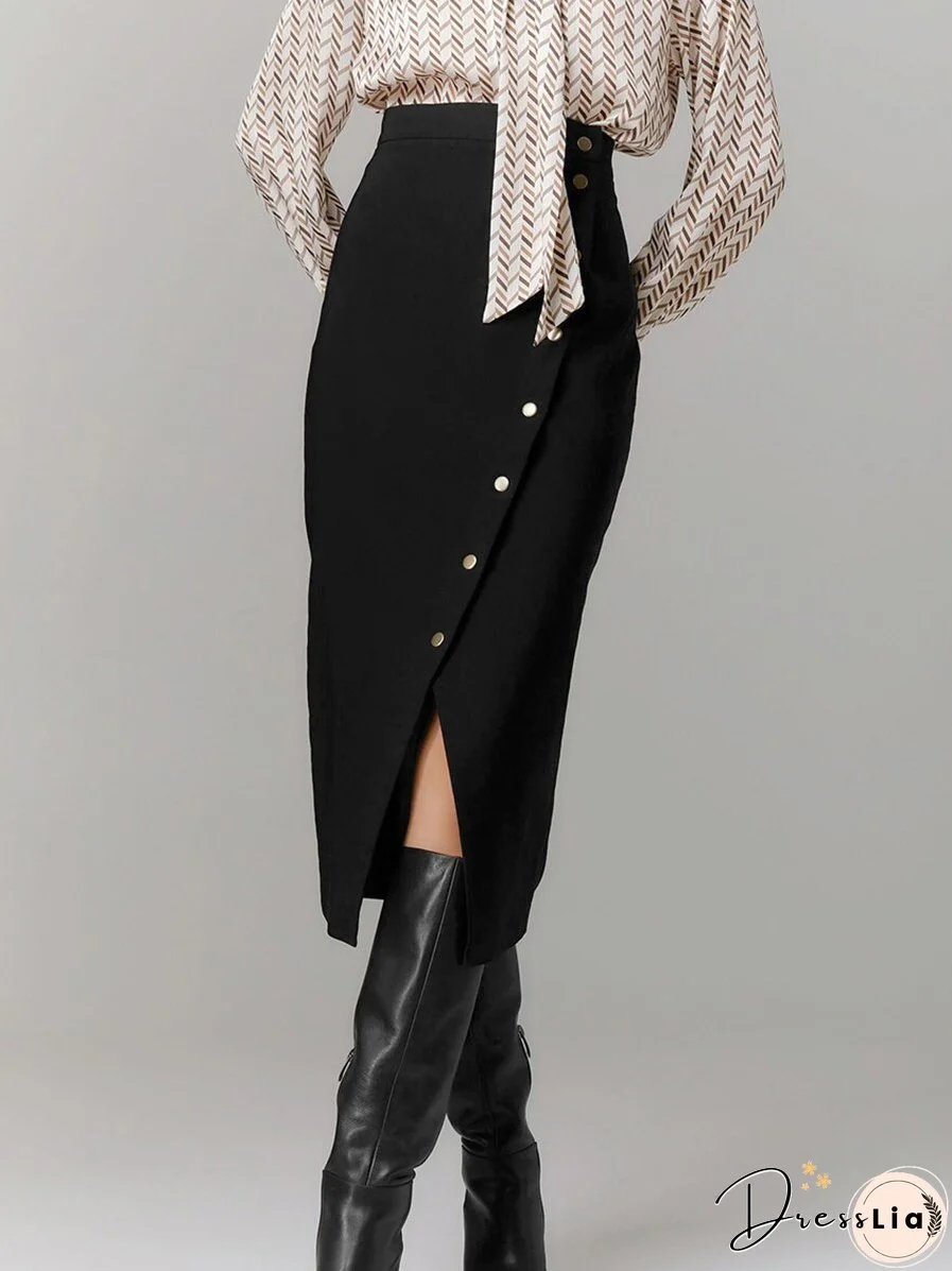 Joskka Vintage Slit Skirts Elegant Women High Waist A-Line Skirts Office Ladies Black Midi Skirts Chic New Fall Dress