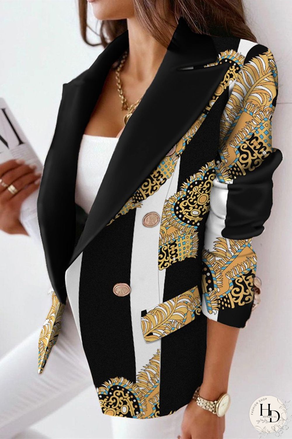 Black Yellow Fashion Casual Print Patchwork Slit Turn-back Collar Outerwear