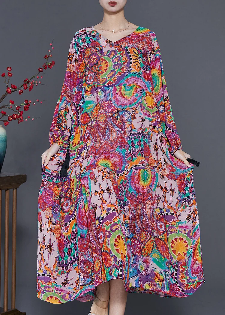Casual Purple Print Drawstring Chiffon Maxi Dresses Spring