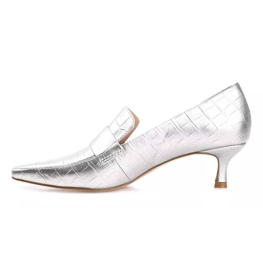 Silver Metallic Finish Croc Embossed Square Toe Loafer Heels