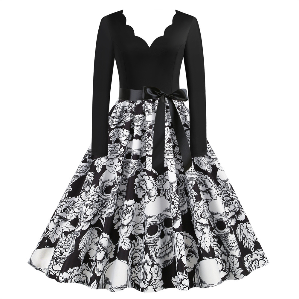 Halloween Party Skull Pumpkin Print Swing Vintage Dress