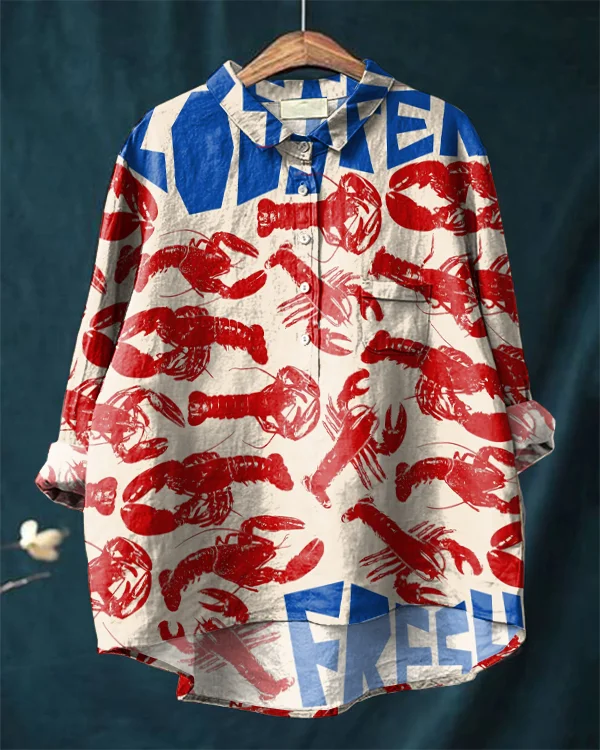 Lobster Fresh Art Casual Cotton and Linen Shirt