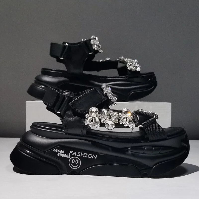 Women Sandals Open Toe Thick Bottom Rhinestone Summer Female Shoes Velcro Breathable Sexy Flat Paltform Sandalias De Las Mujeres