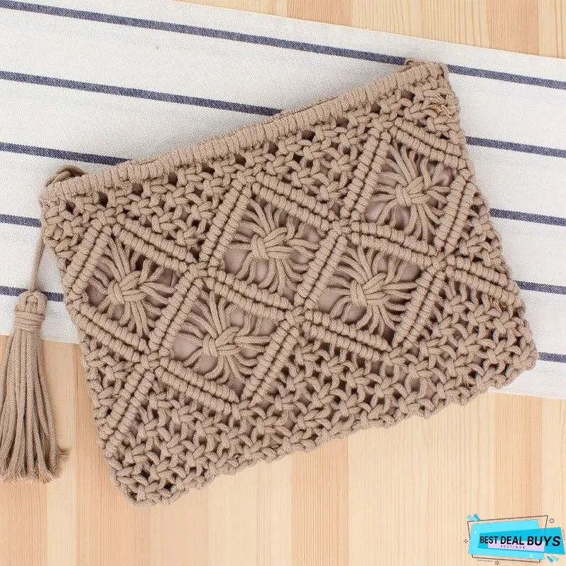 Paziye Boho Tassel Woven Straw Clutch Bag