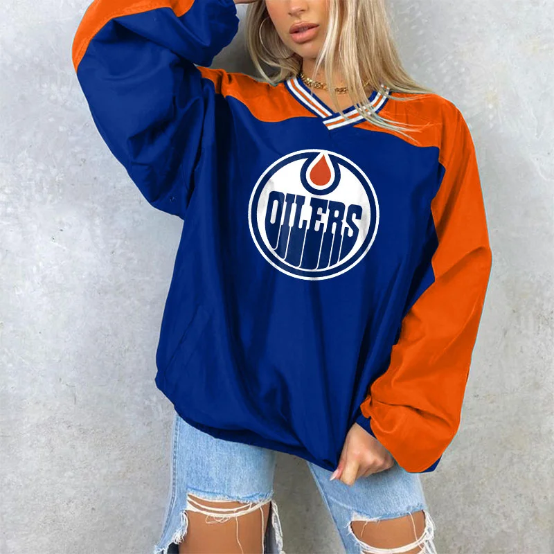 Women's Support Edmonton Oilers Hockey Print  Winter Bomber Jacket Sweatshirt