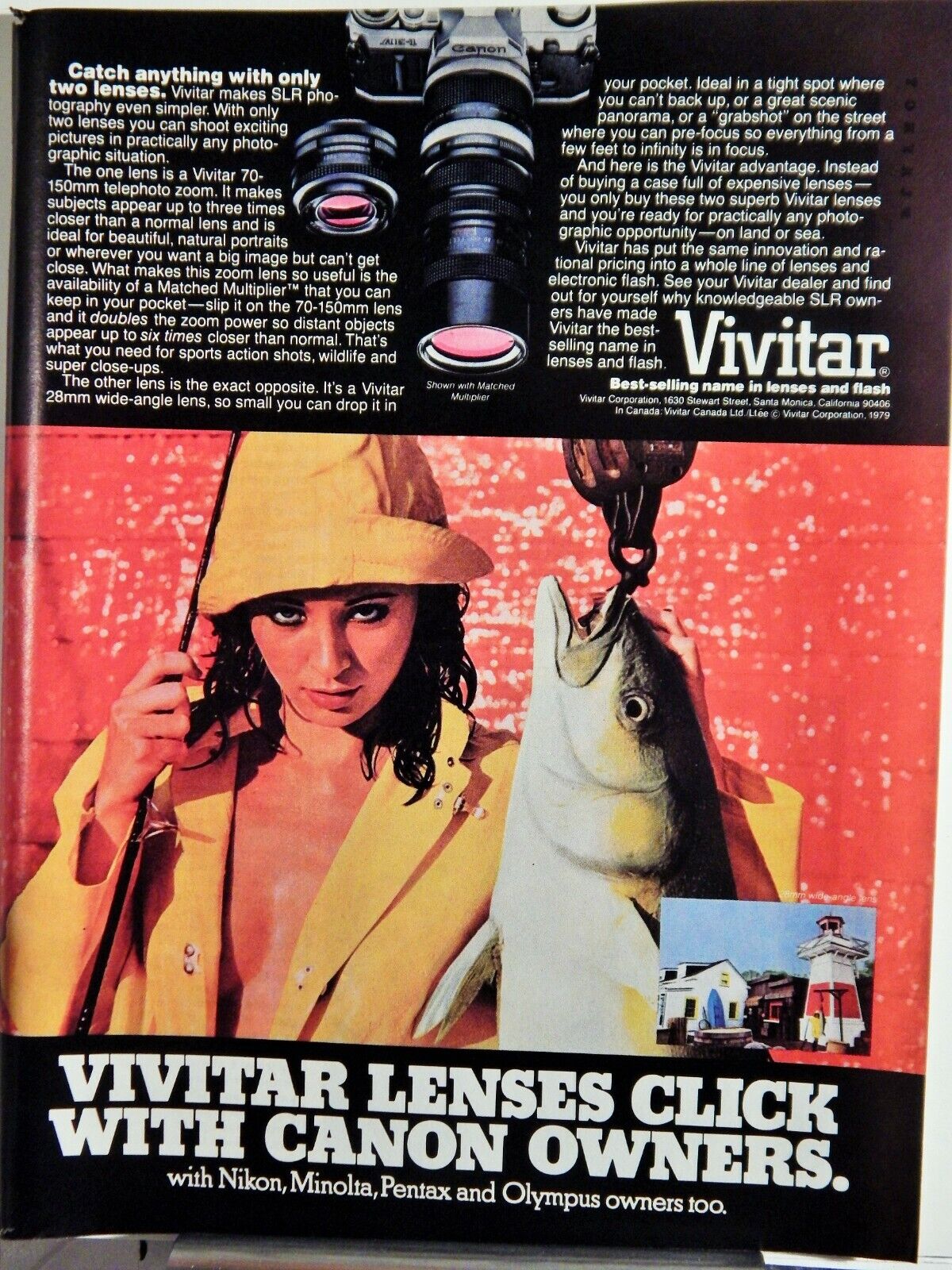 VIVITAR TELEPhoto Poster painting ZOOM LENSE / RONSON LIGHTERS ORIGINAL VTG 1979 Photo Poster painting AD,