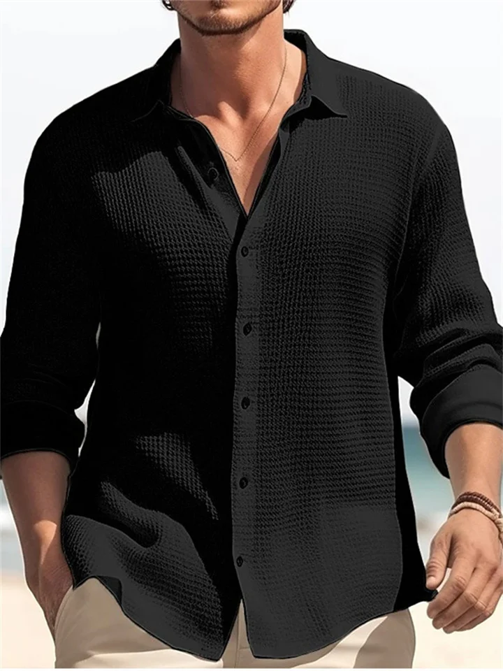 Men's Solid-color Small Waffle Long-sleeved Fall Fashion Casual Shirt-JRSEE