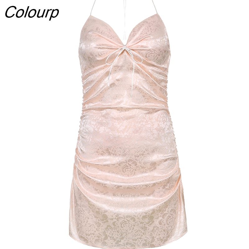 Colourp Drawstring Split Halter Summer Dress Sexy Slim Party Night Club Wear Deep V-Neck Backless Dresses For Women 2021 Fashion