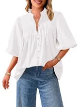Women's Lantern Short Sleeve Loose Button Casual Pleated V Neck Shirt 