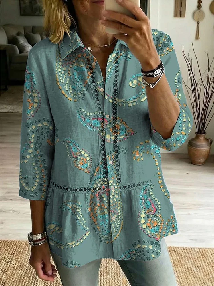 Women's Vintage Art Print Casual Lapel Cotton Shirt