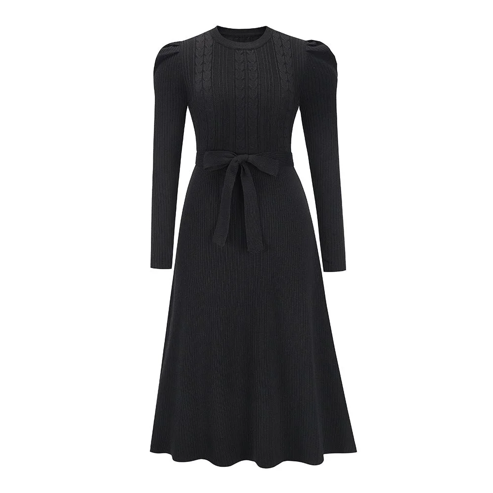 Bubble Long Sleeve Knitted Skirt Medium Long Wool Dress Black Dresses