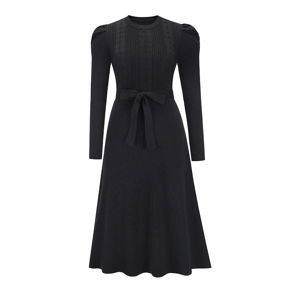 Bubble Long Sleeve Knitted Skirt Medium Long Wool Dress Black Dresses | EGEMISS