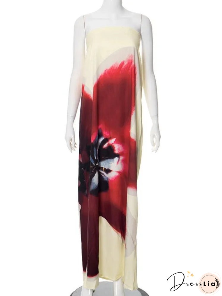 Strapless Back Belt Sleeveless Women's Long Dress Sexy Printed Backless Off Shoulder Vestidos Summer Casual Vacation Beach Robes
