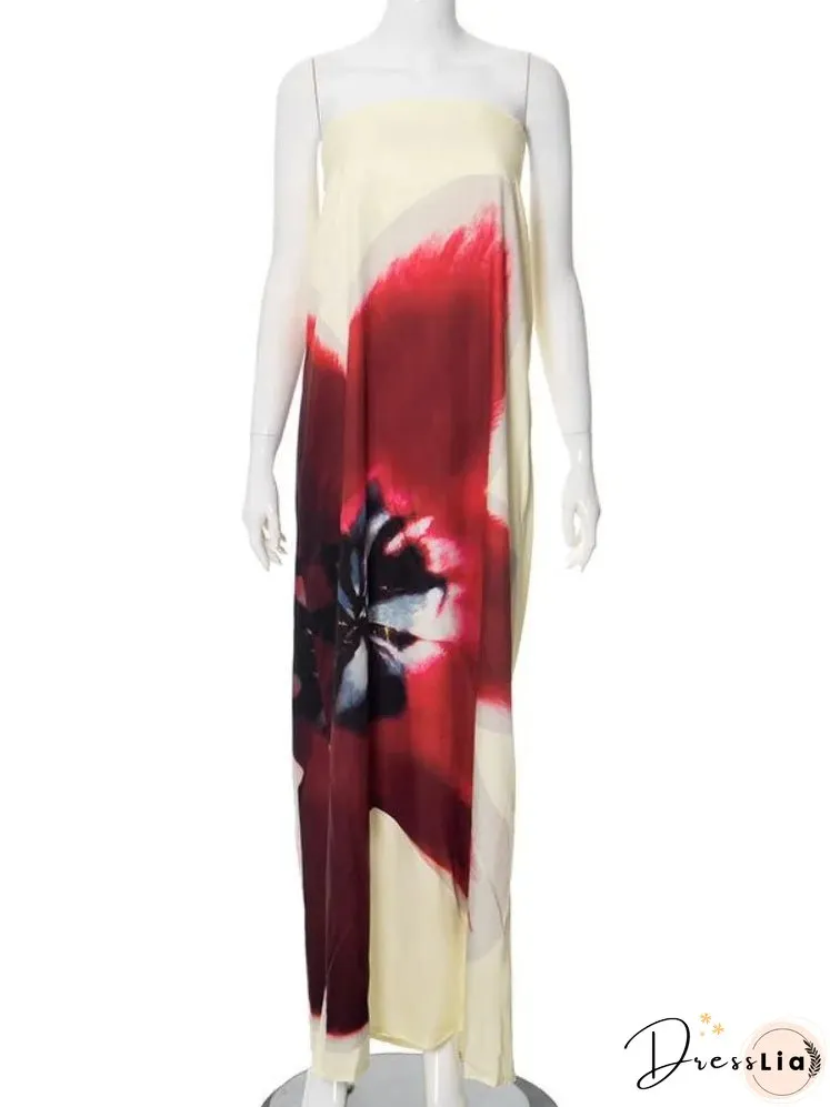 Strapless Back Belt Sleeveless Women's Long Dress Sexy Printed Backless Off Shoulder Vestidos Summer Casual Vacation Beach Robes