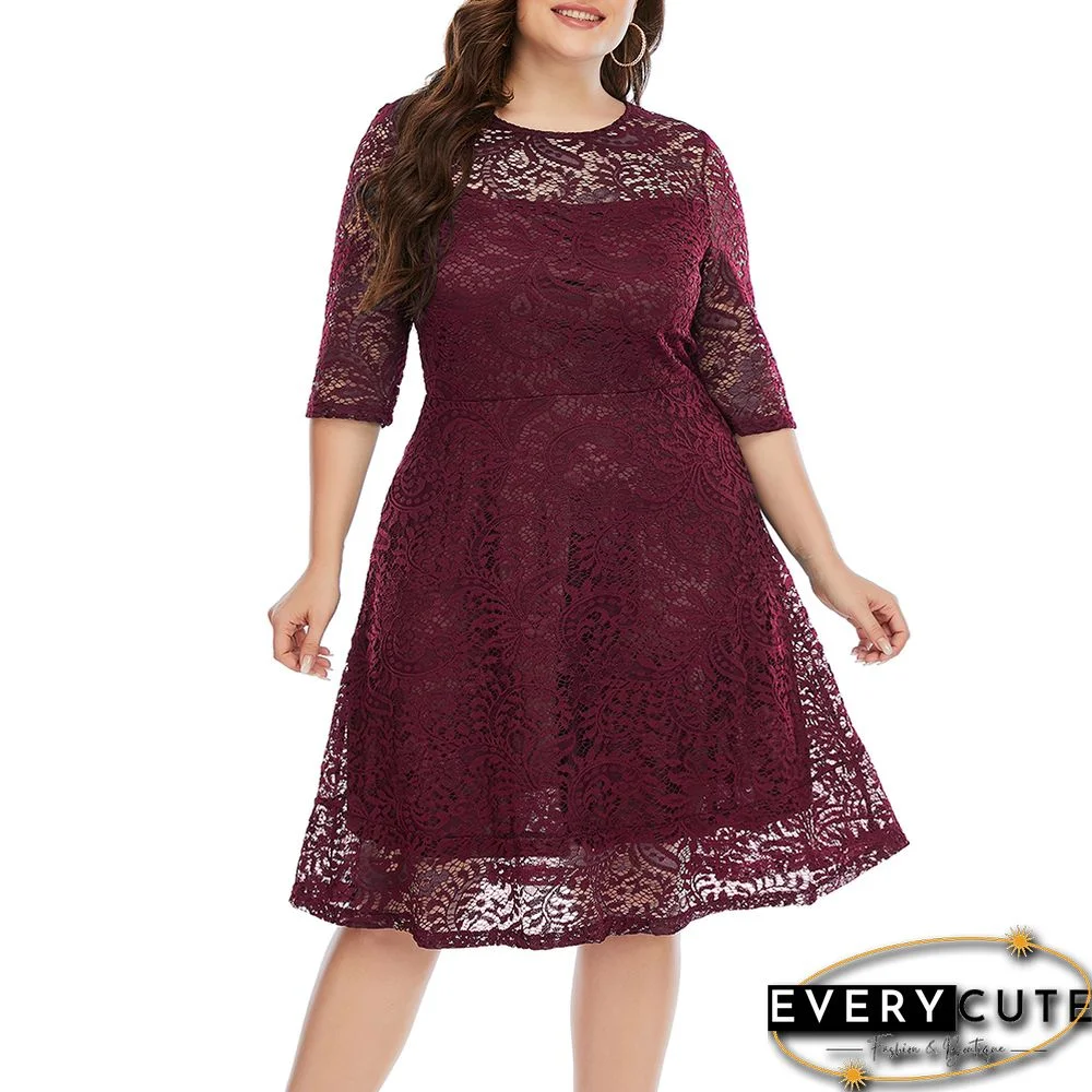 Red 1/2 Sleeve Plus Size Lace Dress