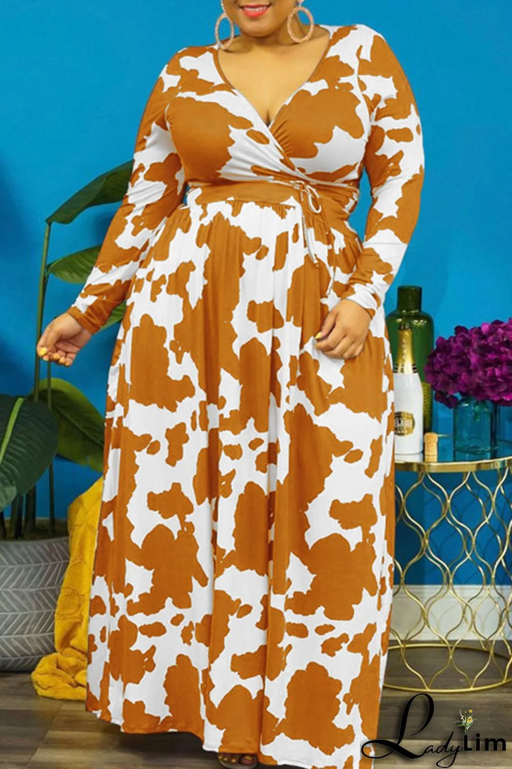 Burgundy Casual Print Bandage Patchwork V Neck Straight Plus Size Dresses