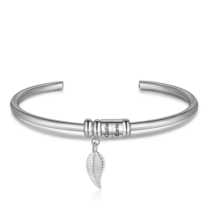 Women Bangle Bracelet with Leaf and Beads Engraved 2 Names Gifts for Mother