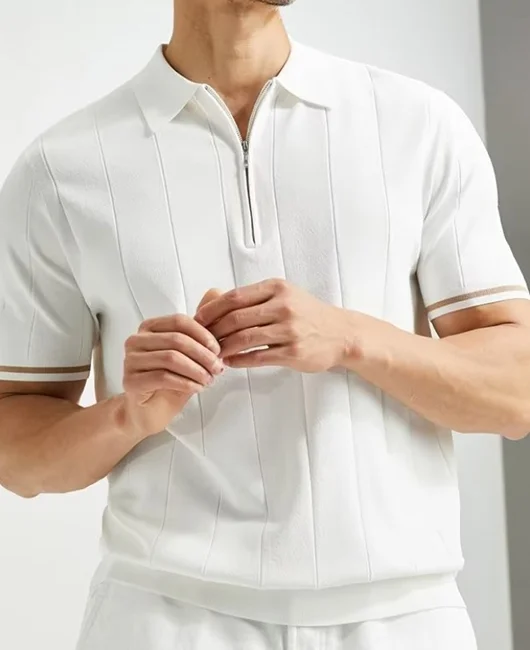 Daily Contrast Binding Striped Zipper Polo Shirt 