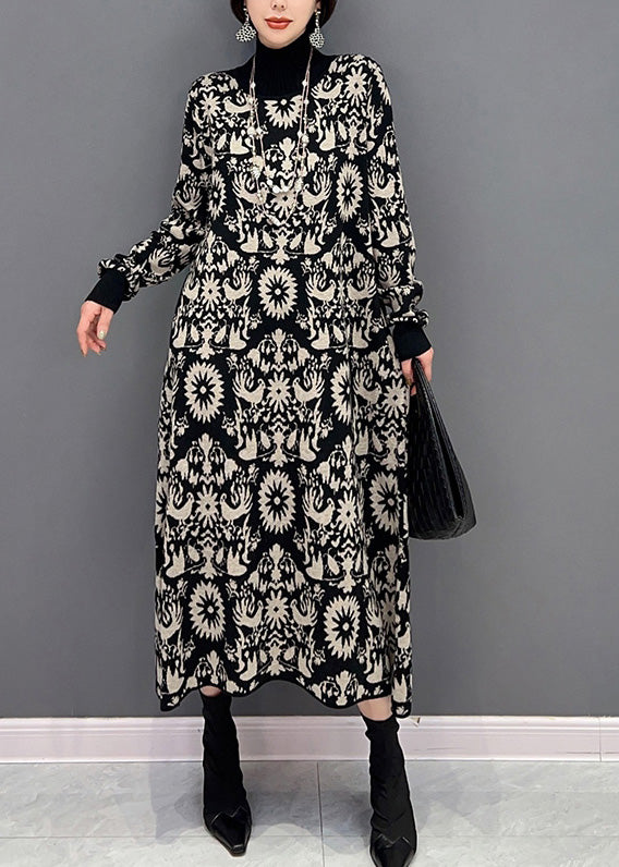 Vintage Black Turtle Neck Floral Knit Knit Sweater Dress Spring