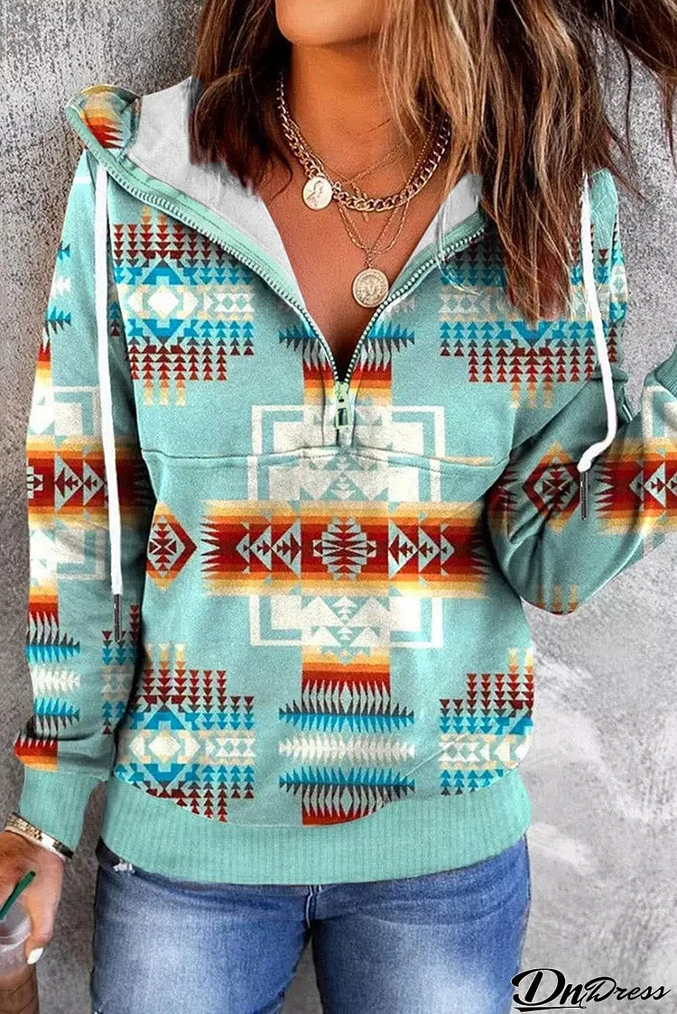 Aztec Geometric Drawstring Zipper Hoodie