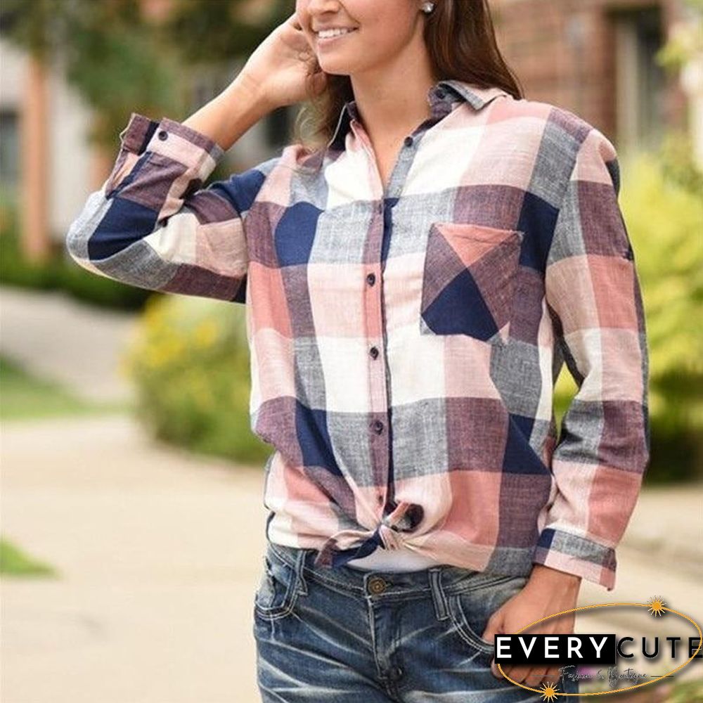 Fashion women Casual Matching Color Long Sleeve Button Loose Plaid Shirt Top Blouse