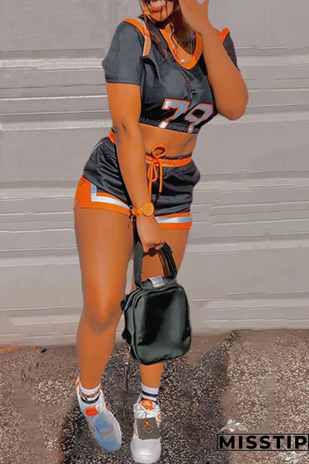 Orange Fashion Sportswear Print Patchwork Short Sleeve Two Pieces