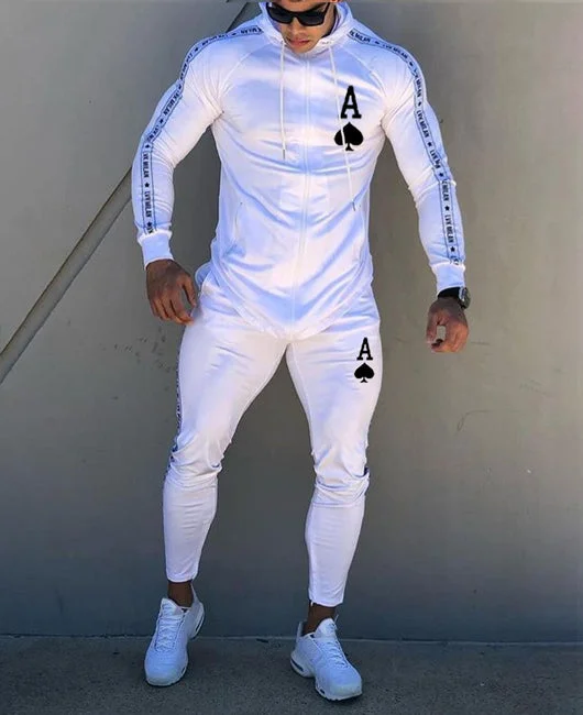Playing Card Print Contrast Letter Side Seam Jacket & Sweatpants Set