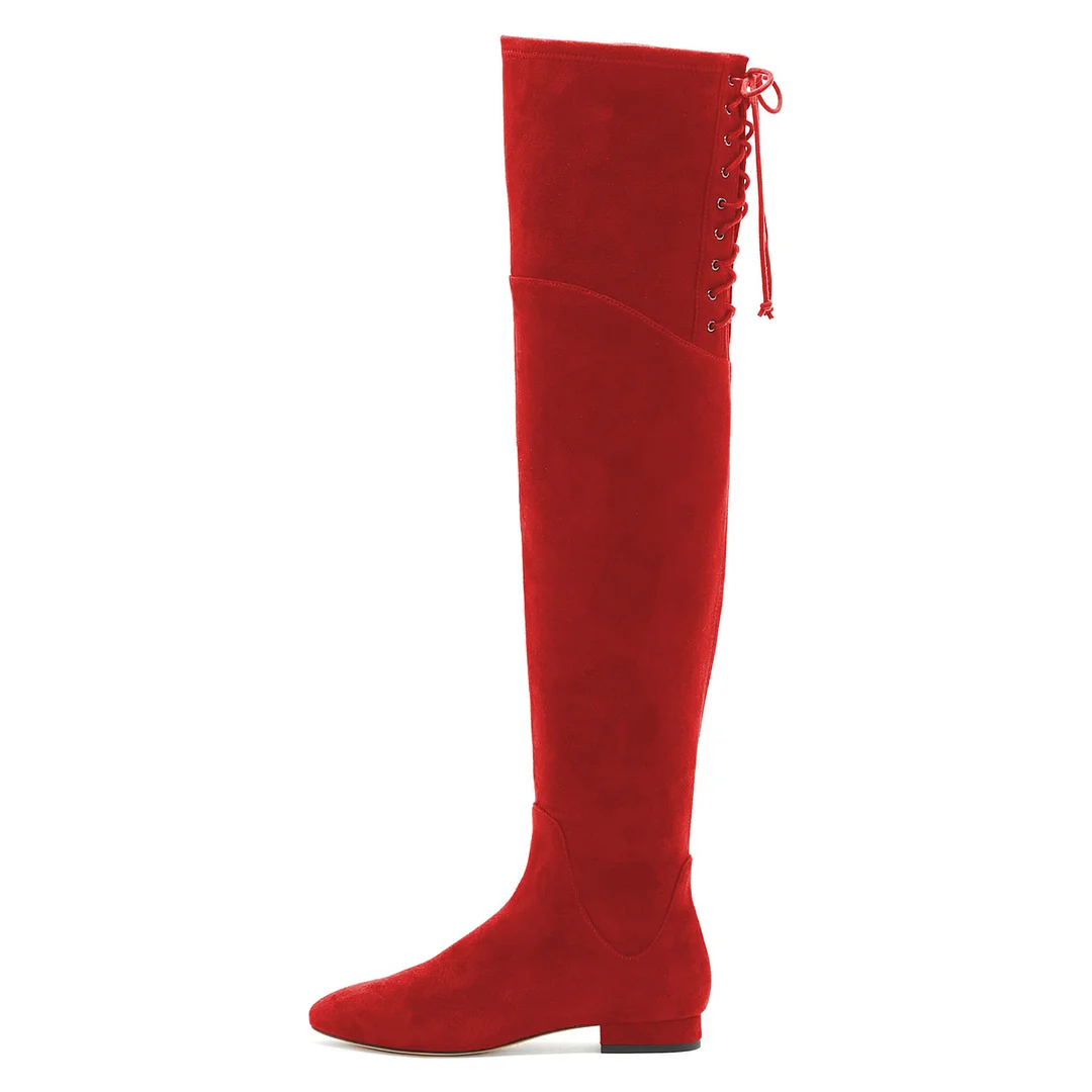 Faux Suede Side-Zip Lace-Up Low Block Heel Thigh-High Boots in Red   