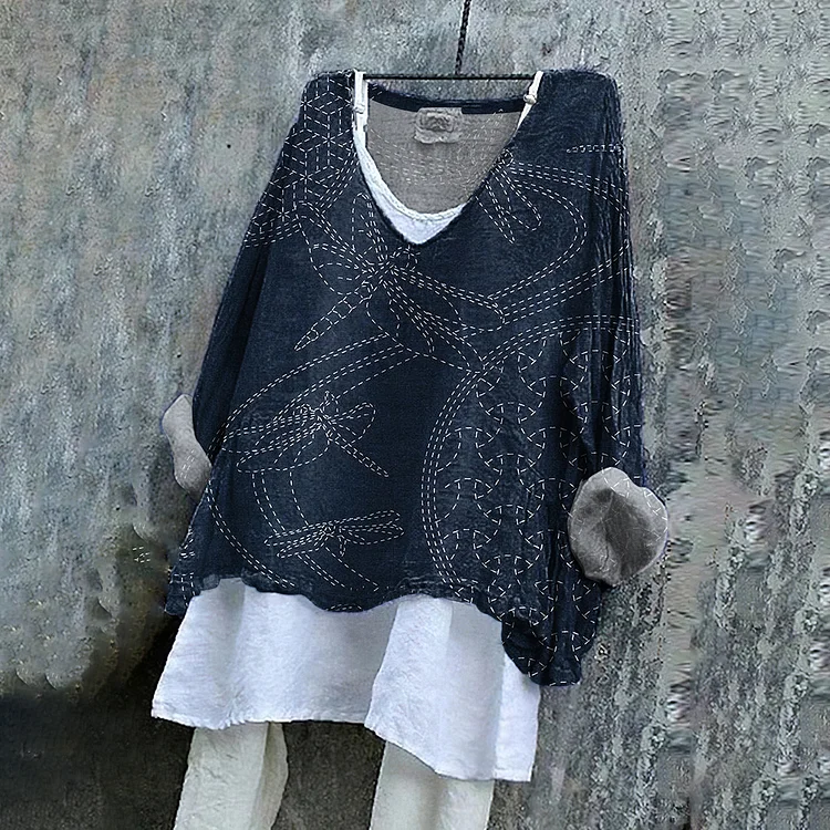 Japanese Traditional Art Embroidered Linen Blend Flowy Tunic